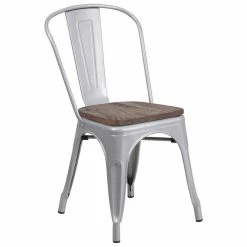 New 🎁 Flash Furniture Silver Metal Stackable Chair With Wood Seat 🎁