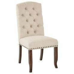 Hot Sale 🎁 Office Star Products Jessica Tufted Dining Chair, Linen Fabric With Bronze Nailheads And Coffee Legs ✨