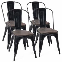 Discount ⌛ Costway Set Of 4 Dining Side Chair Stackable Bistro Metal Wood Stool Black ✔️