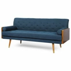 Cheapest ❤️ GDFStudio GDF Studio Aidan Mid Century Modern Tufted Fabric Sofa, Navy Blue/Dark Walnut 😀