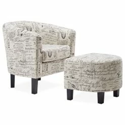 Brand new 🔔 Belleze Accent Chair W/ Ottoman Round Arms Curved Back French Print Script, Beige 👏