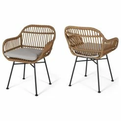 Outlet 🤩 GDFStudio Rodney Indoor Woven Faux Rattan Chairs With Cushions, Set Of 2, Light Brown, Bei 🛒