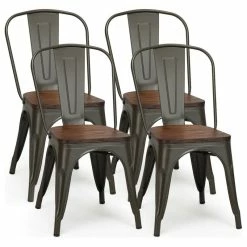 Best Sale ๐ Costway Set Of 4 Style Metal Dining Side Chair Wood Seat Stackable Bistro Cafe ๐ฏ