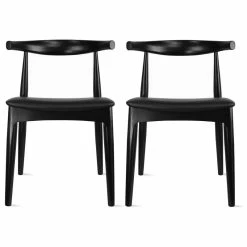 Cheapest 👏 Homedotdot Set Of 2 Elbow Farmhouse Wooden Dining Chairs With PU Leather Seat, Black 🛒