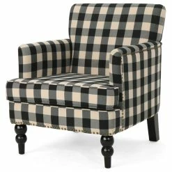 Budget 🔥 GDFStudio GDF Studio Eve Tufted Fabric Club Chair, Black Checkerboard/Dark Brown ❤️
