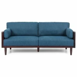Coupon 🎉 GDFStudio Bagan Mid-Century Modern Upholstered 3 Seater Sofa, Navy Blue + Dark Walnut ⌛
