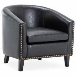 Hot Sale ⭐ Belleze Tub Barrel Accent Chair Faux Leather, Black 🔥