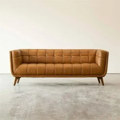 Cheap 🥰 Ashcroft Allen Mid Century Modern Tufted Genuine Leather Sofa In Cognac Tan 😀